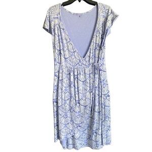 fresh produce Light Periwinkle Blue/Lavender and White Floral Wrap Midi Dress